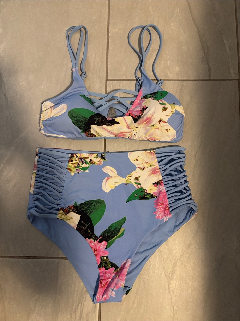 Women’s TiniBikini Light Blue Floral Strappy Two-Piece High Rise Bottoms